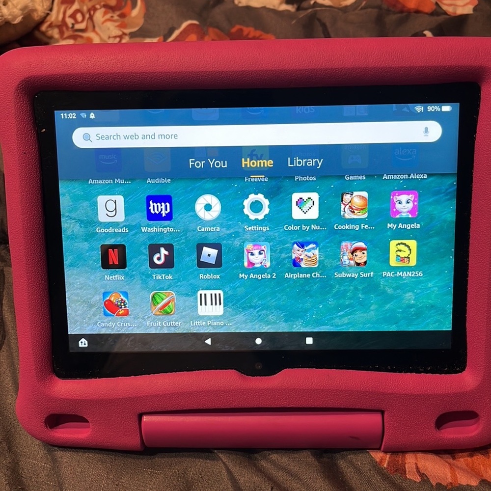 Fire HD 8 Kids Pro tablet, 8" HD display. Purple tablet have SD memory card. Gam